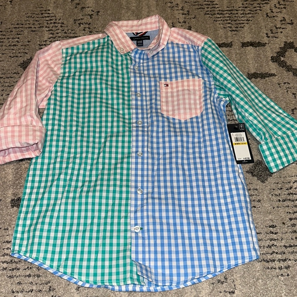 Tommy Hilfiger Boy's Colorblock Plaid Buttondown Shirt size M 12/14 NWT‎